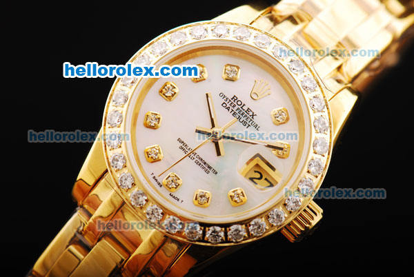 Rolex Datejust Oyster Perpetual Automatic Full Gold with Diamond Bezel and Diamond Markers-White Dial-Lady Size - Click Image to Close